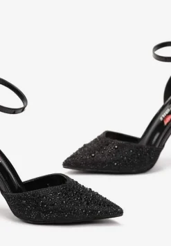 Czarne Sandały na Szpilce ze Sprzączką Ozdobione Cyrkoniami Alstresa