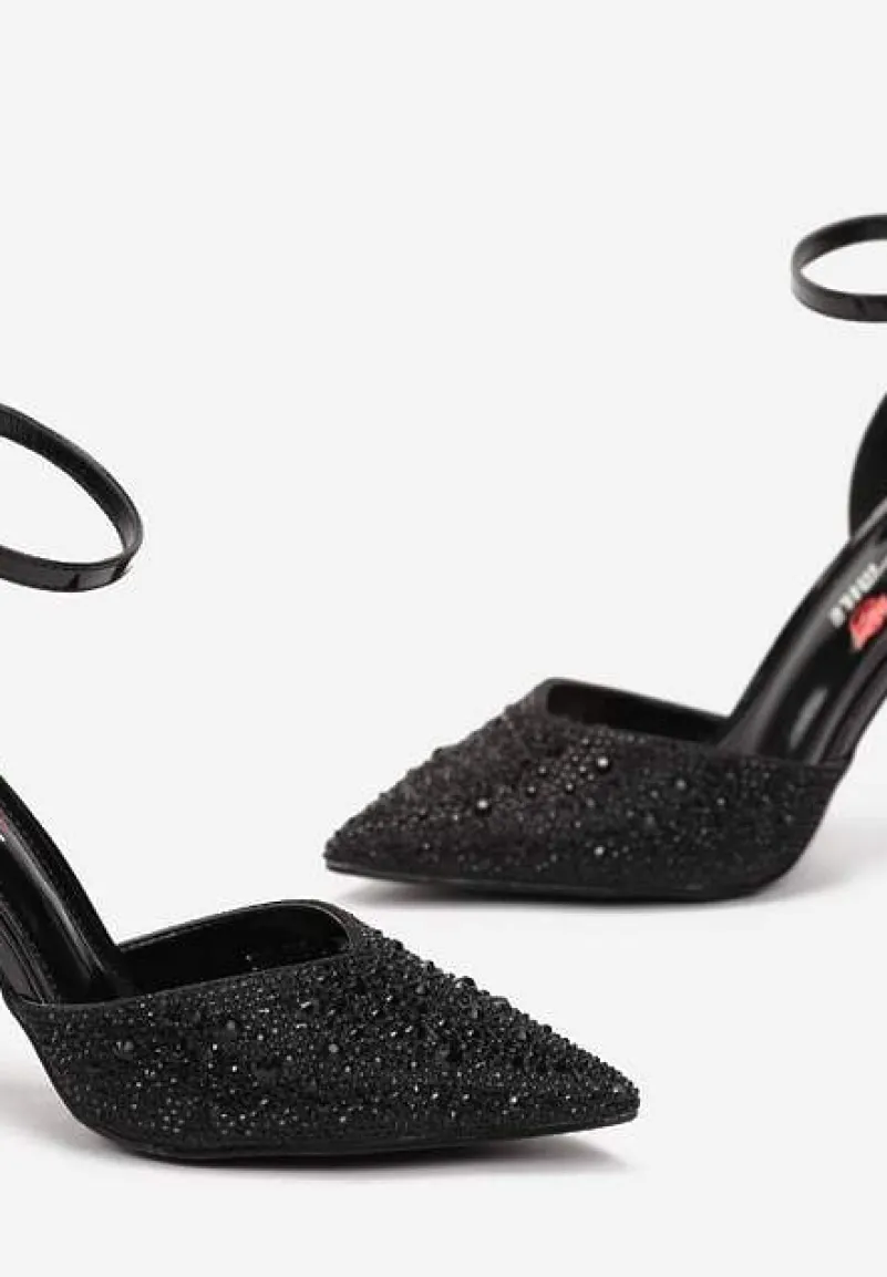 Czarne Sandały na Szpilce ze Sprzączką Ozdobione Cyrkoniami Alstresa