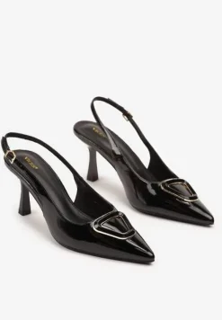 Czarne Sandały na Szpilce Vices Slingback Lakierowane z Ozdobą Ataloria