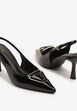 Czarne Sandały na Szpilce Vices Slingback Lakierowane z Ozdobą Ataloria