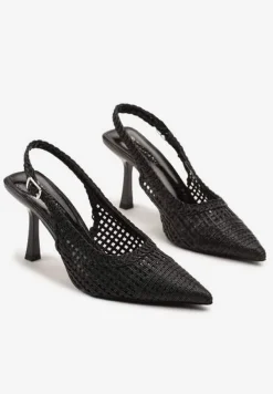 Czarne Sandały na Szpilce Typu Slingback Ozdobione Plecionką Meranoria