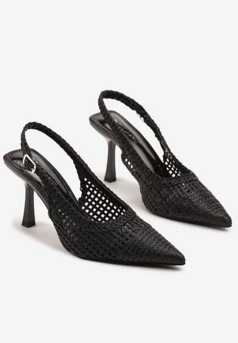 Czarne Sandały na Szpilce Typu Slingback Ozdobione Plecionką Meranoria