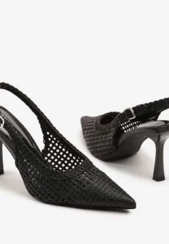 Czarne Sandały na Szpilce Typu Slingback Ozdobione Plecionką Meranoria