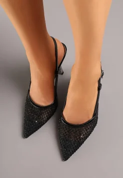 Czarne Sandały na Szpilce Vices z Siateczkową Cholewką z Cyrkoniami Liramire