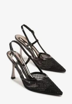 Czarne Sandały na Szpilce Vices z Siateczkową Cholewką z Cyrkoniami Liramire