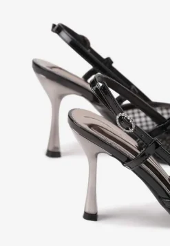 Czarne Sandały na Szpilce Vices z Siateczkową Cholewką z Cyrkoniami Liramire