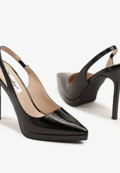 Czarne Sandały na Szpilce Lakierowane Typu Slingback Novalise