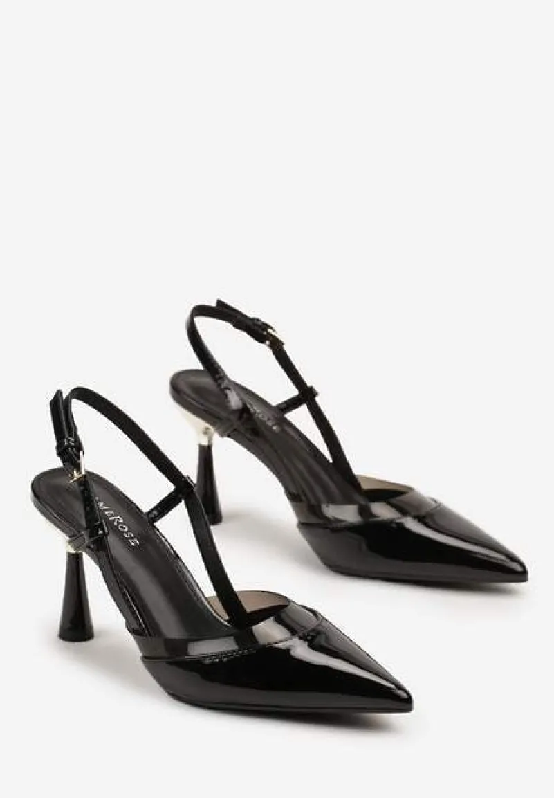 Czarne Sandały na Szpilce Bez Pięty Ozdobione Metaliczną Wstawką Neloriah