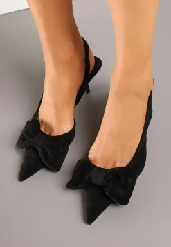 Czarne Sandały na Szpilce Slingback z Kokardą Sunaiel