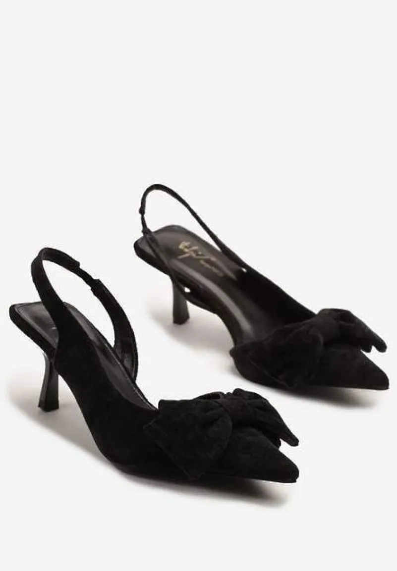 Czarne Sandały na Szpilce Slingback z Kokardą Sunaiel