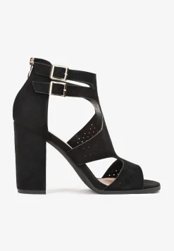 Czarne Sandały na Wysokim Słupku z Perforacją Meeyah