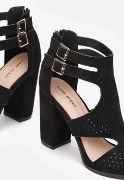 Czarne Sandały na Wysokim Słupku z Perforacją Meeyah