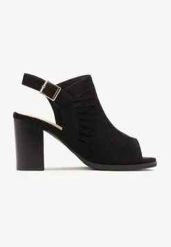 Czarne Sandały Peep Toe na Słupku z Ozdobnymi Wycięciami i Sprzączką Riavia