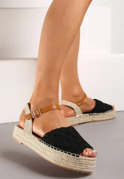 Czarne Sandały Plecione w Stylu Espadryli na Platformie z Juty Garita