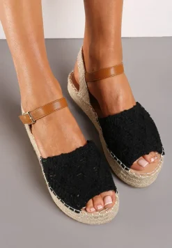 Czarne Sandały Plecione w Stylu Espadryli na Platformie z Juty Garita