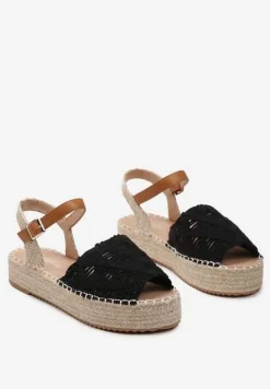 Czarne Sandały Plecione w Stylu Espadryli na Platformie z Juty Garita