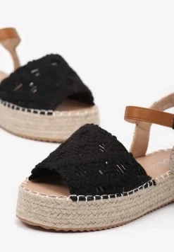 Czarne Sandały Plecione w Stylu Espadryli na Platformie z Juty Garita