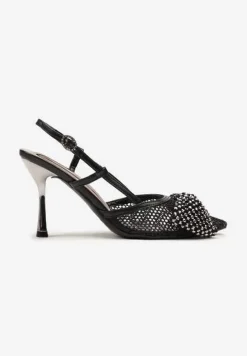 Czarne Sandały Siateczkowe Vices na Szpilce Zdobione Kokardą i Cekinami Reandra