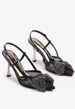 Czarne Sandały Siateczkowe Vices na Szpilce Zdobione Kokardą i Cekinami Reandra