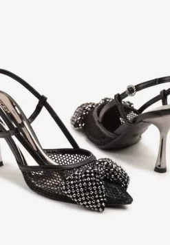 Czarne Sandały Siateczkowe Vices na Szpilce Zdobione Kokardą i Cekinami Reandra