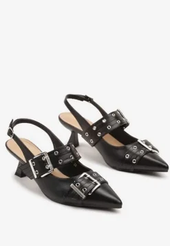 Czarne Sandały Slingback na Kaczuszce Zdobione Nitami i Klamrami Leaelia