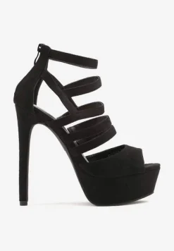Czarne Sandały Szpilki na Platformie Ozdobione Paskami Naniel