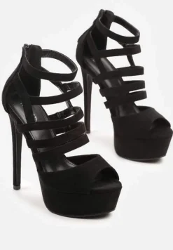 Czarne Sandały Szpilki na Platformie Ozdobione Paskami Naniel