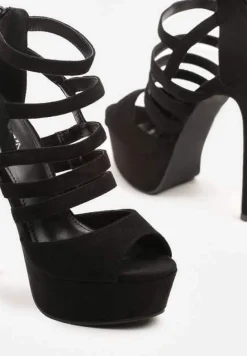 Czarne Sandały Szpilki na Platformie Ozdobione Paskami Naniel