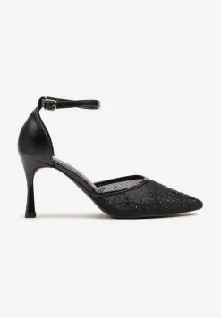 Czarne Sandały Szpilki z Siateczkowym Noskiem w Szpic Zdobionym Cyrkoniami Alirenda