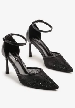 Czarne Sandały Szpilki z Siateczkowym Noskiem w Szpic Zdobionym Cyrkoniami Alirenda