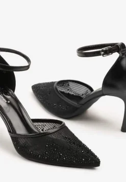 Czarne Sandały Szpilki z Siateczkowym Noskiem w Szpic Zdobionym Cyrkoniami Alirenda