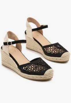 Czarne Sandały Typu Espadryle z Ażurową Cholewką i Plecionym Koturnem Nusithena