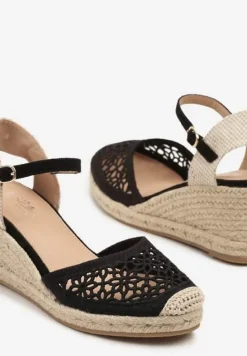 Czarne Sandały Typu Espadryle z Ażurową Cholewką i Plecionym Koturnem Nusithena