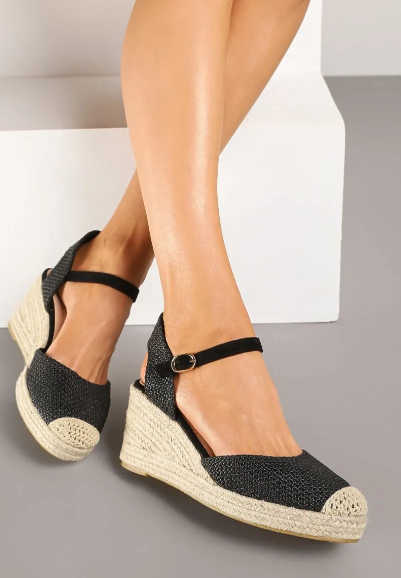 Czarne Sandały Typu Espadryle na Koturnie z Plecionki Renaelle