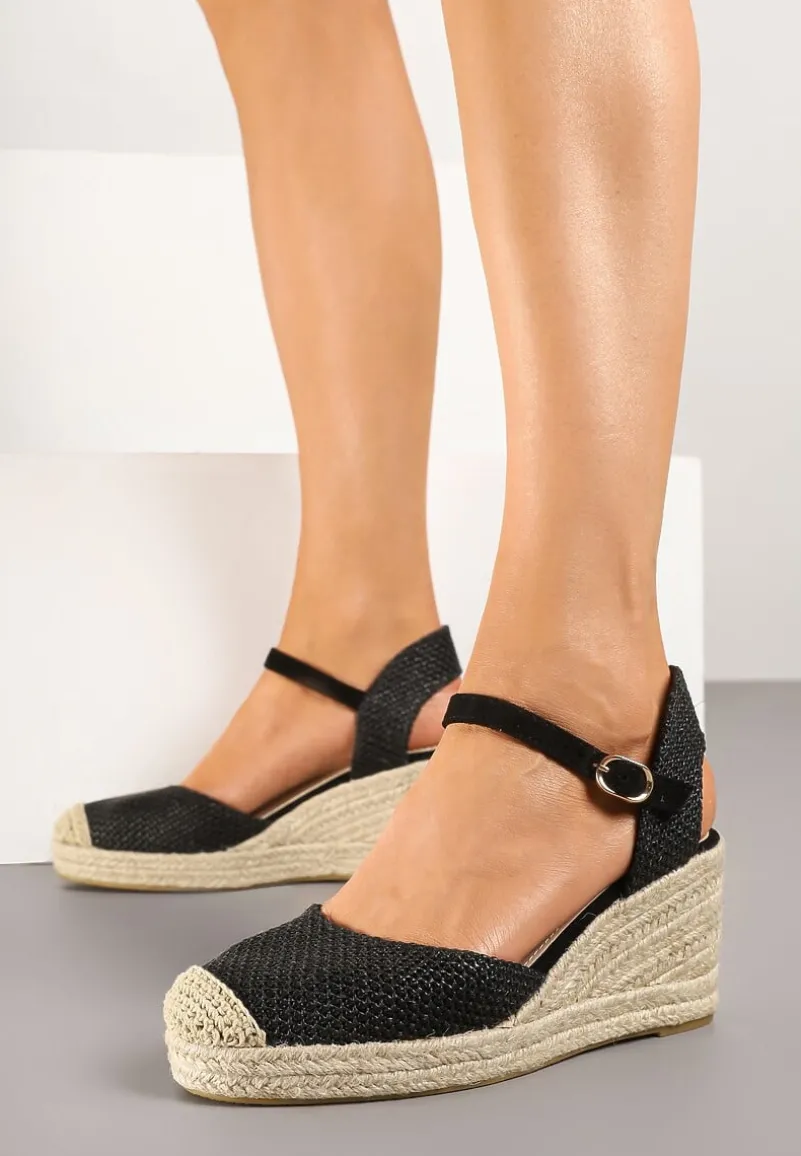 Czarne Sandały Typu Espadryle na Koturnie z Plecionki Renaelle