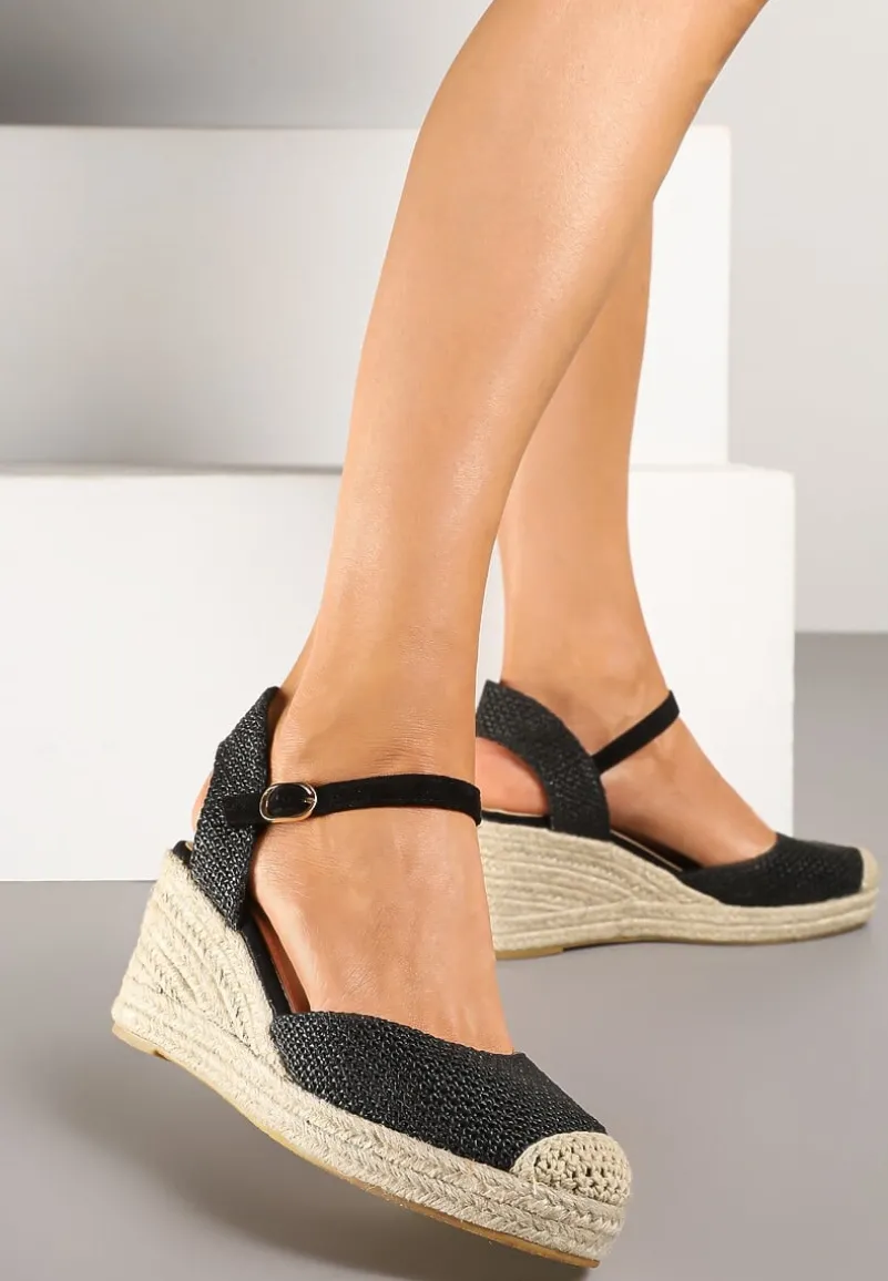 Czarne Sandały Typu Espadryle na Koturnie z Plecionki Renaelle