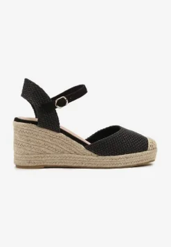 Czarne Sandały Typu Espadryle na Koturnie z Plecionki Renaelle