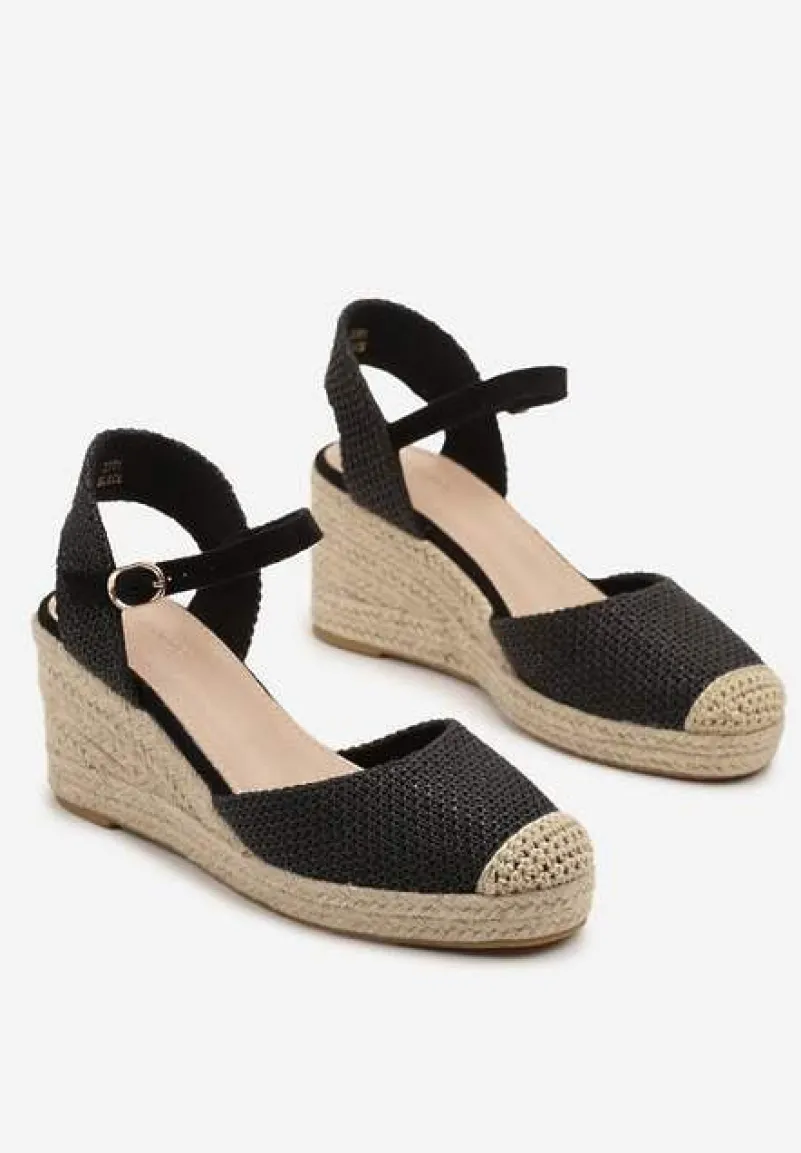 Czarne Sandały Typu Espadryle na Koturnie z Plecionki Renaelle