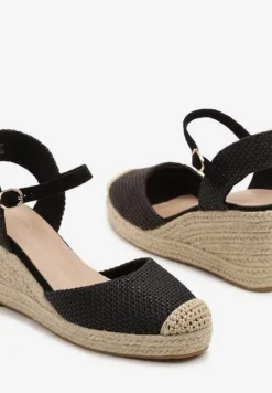 Czarne Sandały Typu Espadryle na Koturnie z Plecionki Renaelle
