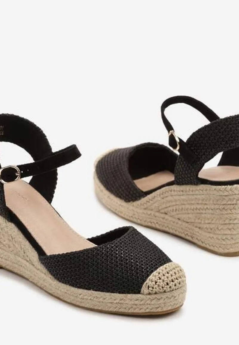 Czarne Sandały Typu Espadryle na Koturnie z Plecionki Renaelle