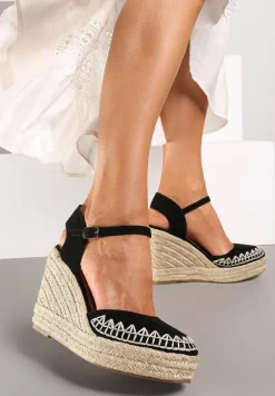 Czarne Sandały Typu Espadryle na Koturnie z Jutową Plecionką Missarae