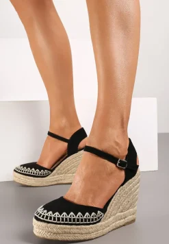 Czarne Sandały Typu Espadryle na Koturnie z Jutową Plecionką Missarae