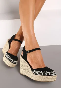 Czarne Sandały Typu Espadryle na Koturnie z Jutową Plecionką Missarae