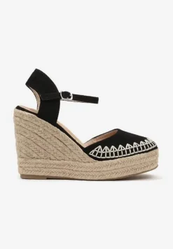 Czarne Sandały Typu Espadryle na Koturnie z Jutową Plecionką Missarae