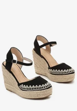 Czarne Sandały Typu Espadryle na Koturnie z Jutową Plecionką Missarae