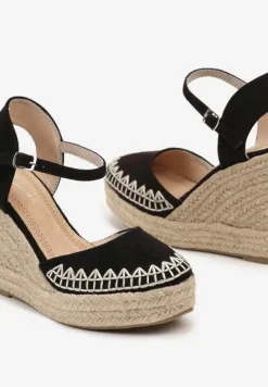 Czarne Sandały Typu Espadryle na Koturnie z Jutową Plecionką Missarae