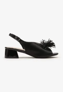 Czarne Sandały Vices na Słupku ze Skórzaną Wkładką z Pomponem i Cyrkoniami Tiraga