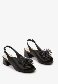 Czarne Sandały Vices na Słupku ze Skórzaną Wkładką z Pomponem i Cyrkoniami Tiraga