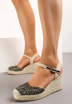Czarne Sandały w Stylu Espadryli z Plecionym Noskiem i Koturnem Sargia