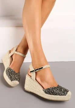 Czarne Sandały w Stylu Espadryli z Plecionym Noskiem i Koturnem Sargia